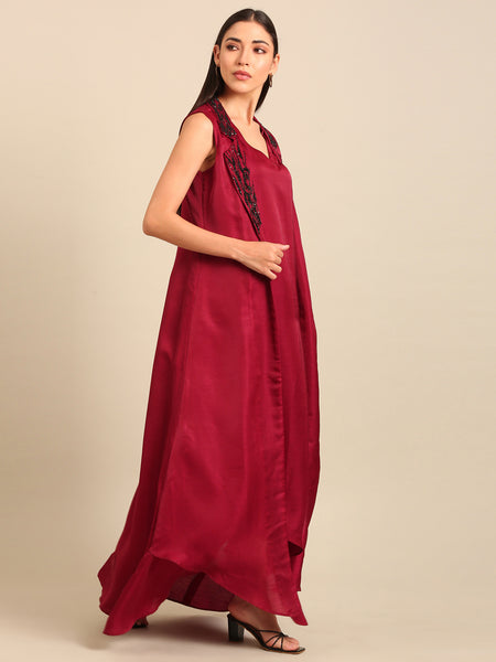 Wine Bemberg Silk embroidered dress (Blackened Plum Glaze) - AS0730
