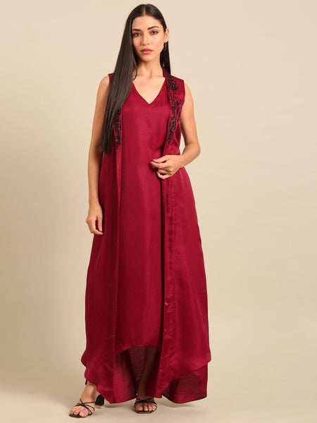 Wine Bemberg Silk embroidered dress (Blackened Plum Glaze) - AS0730