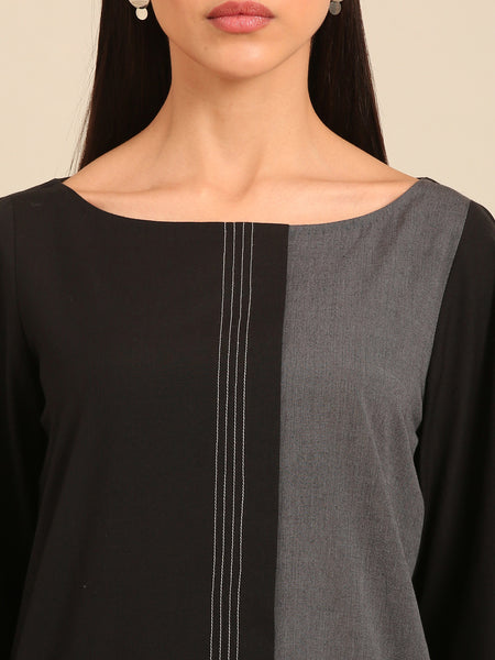 Black & Grey Malai Cotton Kurta (Black-Sesame & Slate) - AS0740