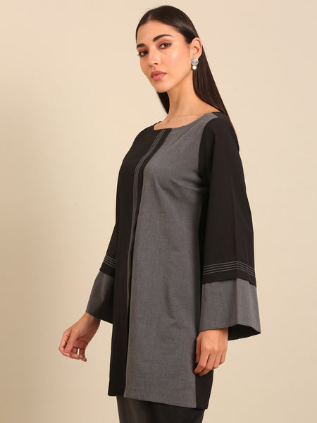 Black & Grey Malai Cotton Kurta (Black-Sesame & Slate) - AS0740