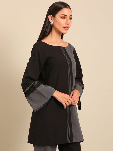 Black & Grey Malai Cotton Kurta (Black-Sesame & Slate) - AS0740
