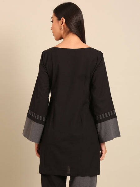 Black & Grey Malai Cotton Kurta (Black-Sesame & Slate) - AS0740