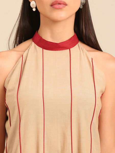 Beige & Red Malai Cotton Dress (Honey-Glazed Ginger & Rose) - AS0741