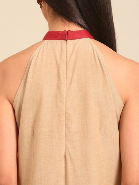 Beige & Red Malai Cotton Dress (Honey-Glazed Ginger & Rose) - AS0741