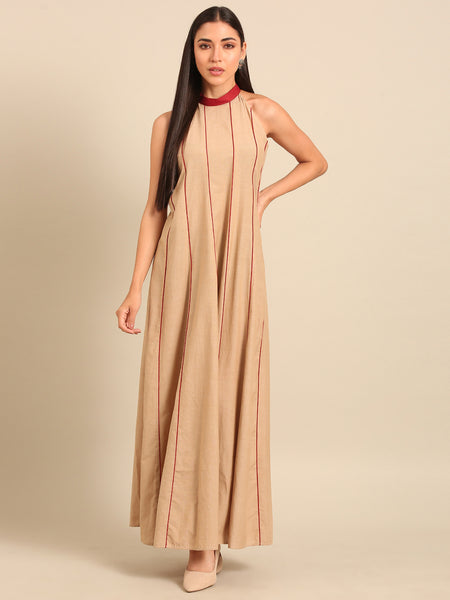Beige & Red Malai Cotton Dress (Honey-Glazed Ginger & Rose) - AS0741