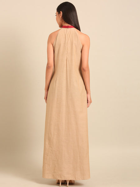 Beige & Red Malai Cotton Dress (Honey-Glazed Ginger & Rose) - AS0741