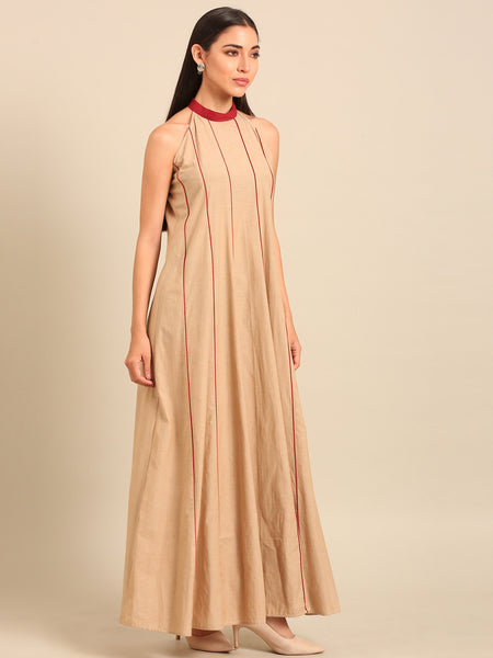 Beige & Red Malai Cotton Dress (Honey-Glazed Ginger & Rose) - AS0741