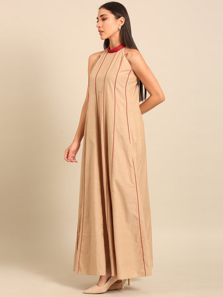 Beige & Red Malai Cotton Dress (Honey-Glazed Ginger & Rose) - AS0741