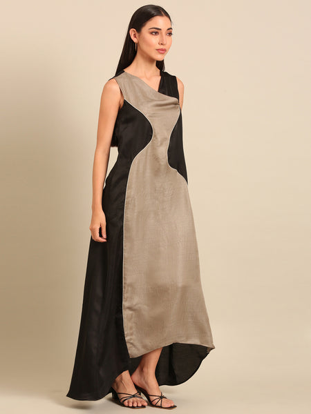 Black & Grey Bemberg Silk Dress (Black Sesame & Earl Grey Ganache) - AS0742