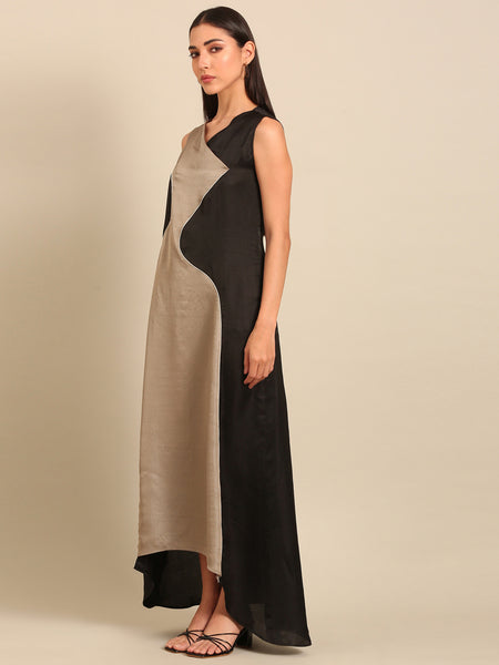 Black & Grey Bemberg Silk Dress (Black Sesame & Earl Grey Ganache) - AS0742
