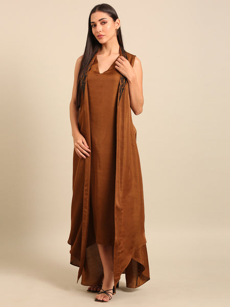 Rust Gold Bemberg Silk Dress (Spiced Amber & Espresso Sorbet) - AS0748