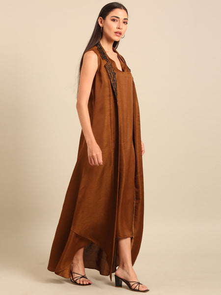 Rust Gold Bemberg Silk Dress (Spiced Amber & Espresso Sorbet) - AS0748