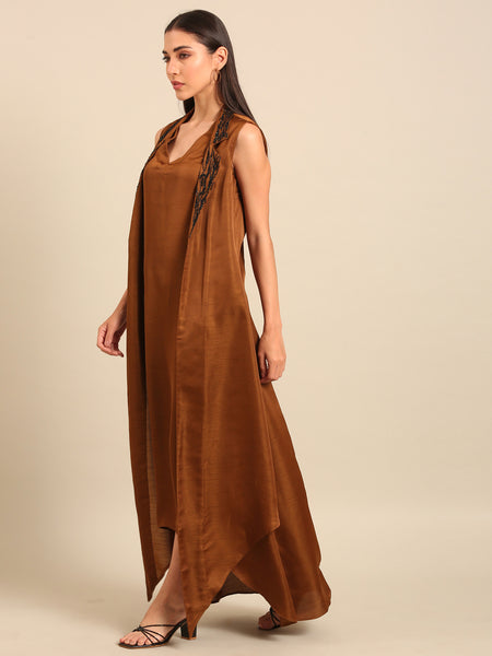 Rust Gold Bemberg Silk Dress (Spiced Amber & Espresso Sorbet) - AS0748