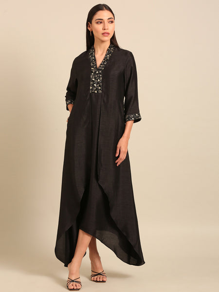 Black Bemberg Silk Dress (Midnight Peppercorn & Ash Chantilly)- AS0752