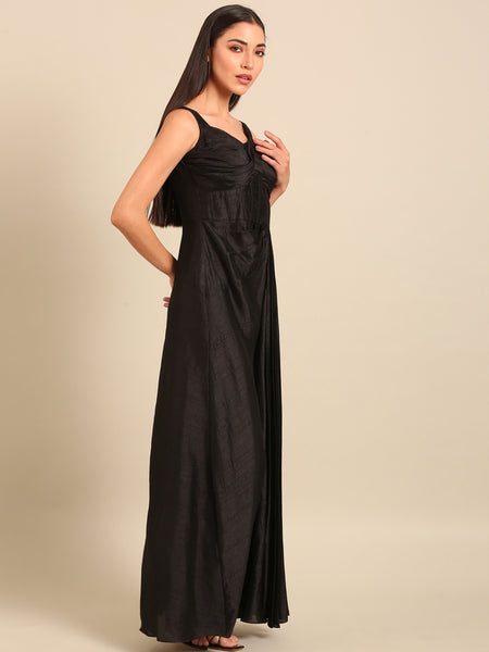 Black Bemberg Silk Maxi Dress (The Midnight-Honey) - AS0753