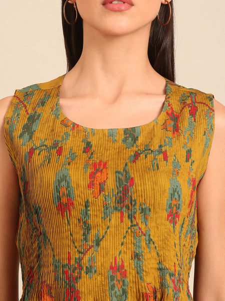 Mustard Printed Japanese Silk Dress (Spiced-Ginger & Petal Chantilly) - AS0757