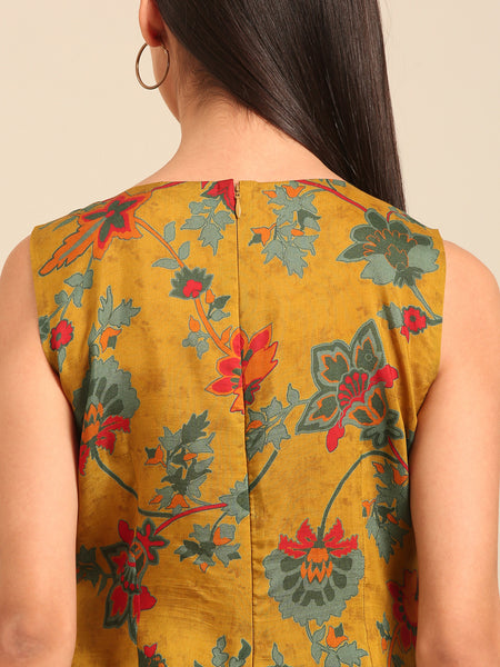 Mustard Printed Japanese Silk Dress (Spiced-Ginger & Petal Chantilly) - AS0757