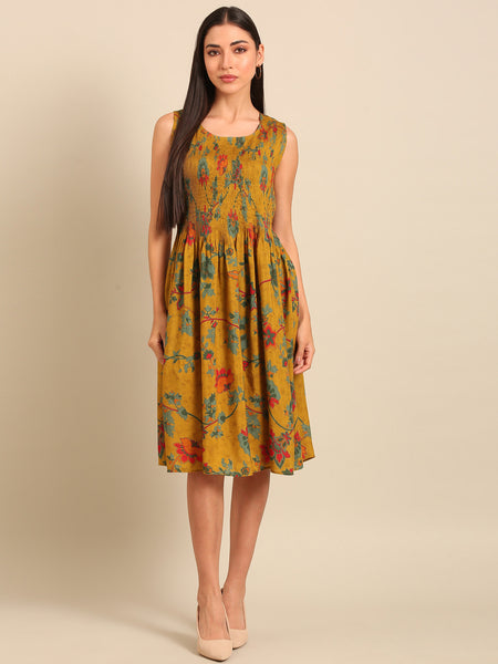 Mustard Printed Japanese Silk Dress (Spiced-Ginger & Petal Chantilly) - AS0757