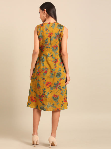 Mustard Printed Japanese Silk Dress (Spiced-Ginger & Petal Chantilly) - AS0757