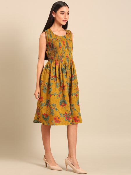 Mustard Printed Japanese Silk Dress (Spiced-Ginger & Petal Chantilly) - AS0757