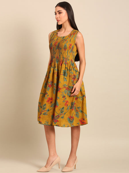 Mustard Printed Japanese Silk Dress (Spiced-Ginger & Petal Chantilly) - AS0757