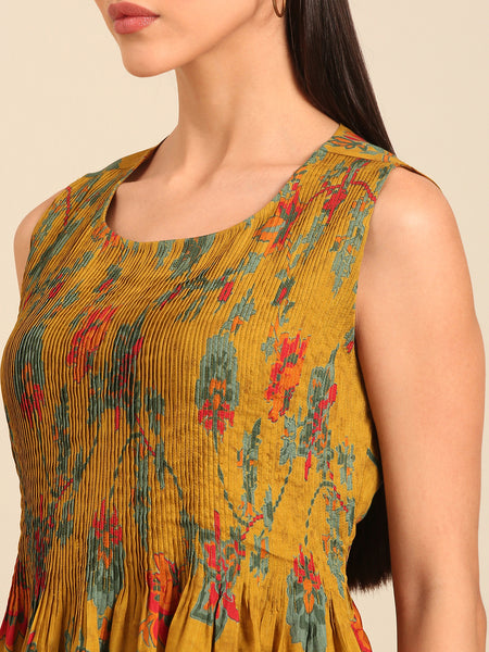 Mustard Printed Japanese Silk Dress (Spiced-Ginger & Petal Chantilly) - AS0757