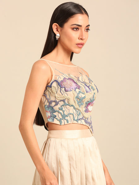Beige Silk/Organza Blouse (The Ethereal Flora Vanguard) - ASBL0120