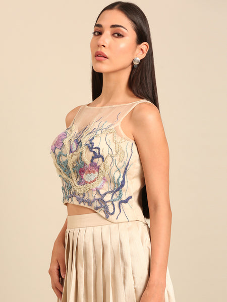 Beige Silk/Organza Blouse (The Ethereal Flora Vanguard) - ASBL0120