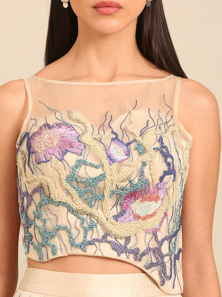 Beige Silk/Organza Blouse (The Ethereal Flora Vanguard) - ASBL0120