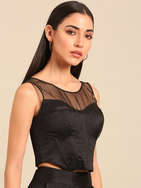 Black Bemberg Silk Corset Blouse (Dark Cacao Chantilly) - ASBL0123