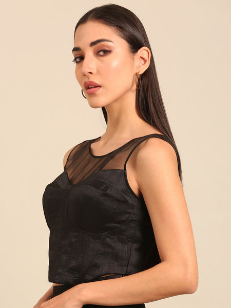 Black Bemberg Silk Corset Blouse (Dark Cacao Chantilly) - ASBL0123