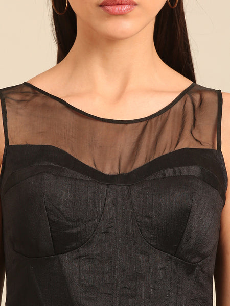 Black Bemberg Silk Corset Blouse (Dark Cacao Chantilly) - ASBL0123