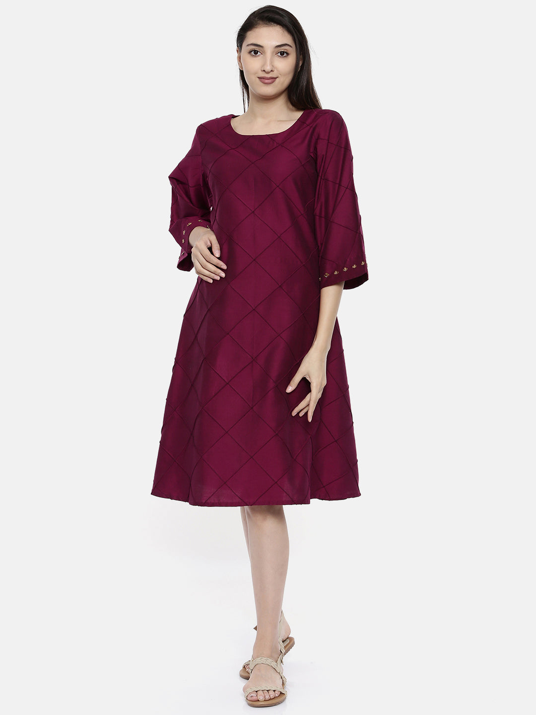 Wine Geometric Pintuck Dress - AS0128 - Asmi Shop