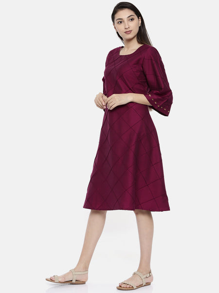 Wine Geometric Pintuck Dress - AS0128 - Asmi Shop