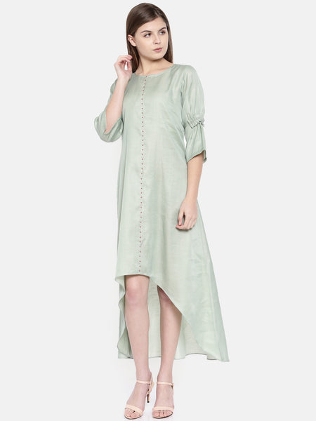 Green Linen Satin High Low Dress - AS0155 - Asmi Shop