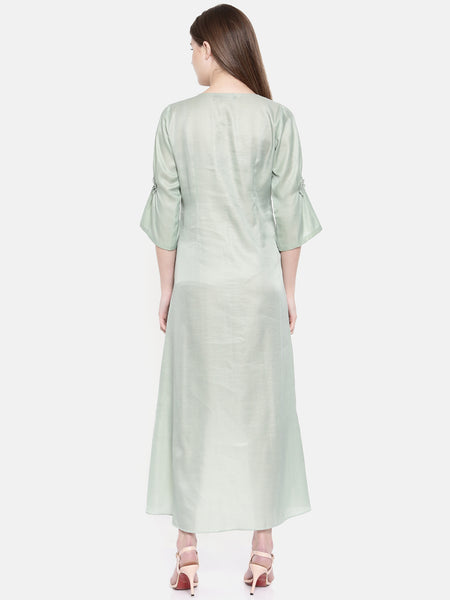 Green Linen Satin High Low Dress - AS0155 - Asmi Shop