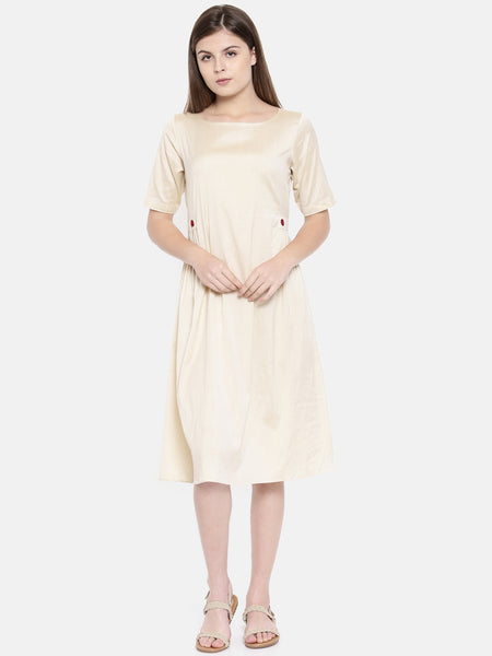 Beige Cotton Silk Classic Dress - AS0163 - Asmi Shop