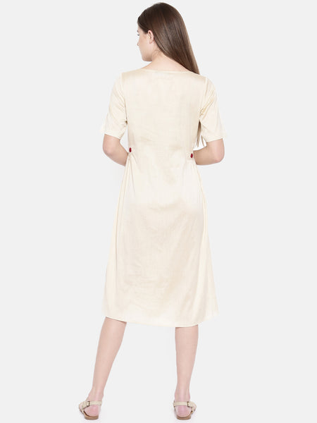 Beige Cotton Silk Classic Dress - AS0163 - Asmi Shop