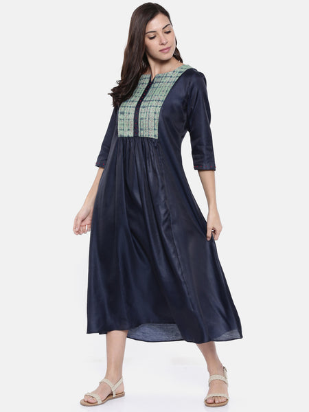 Blue Printed Chanderi Dress  - AS0188 - Asmi Shop