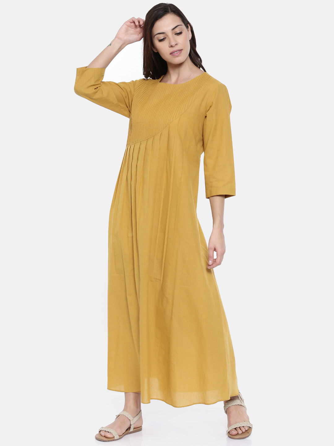 Mutard Pintuck Cotton Dress  - AS0199 - Asmi Shop
