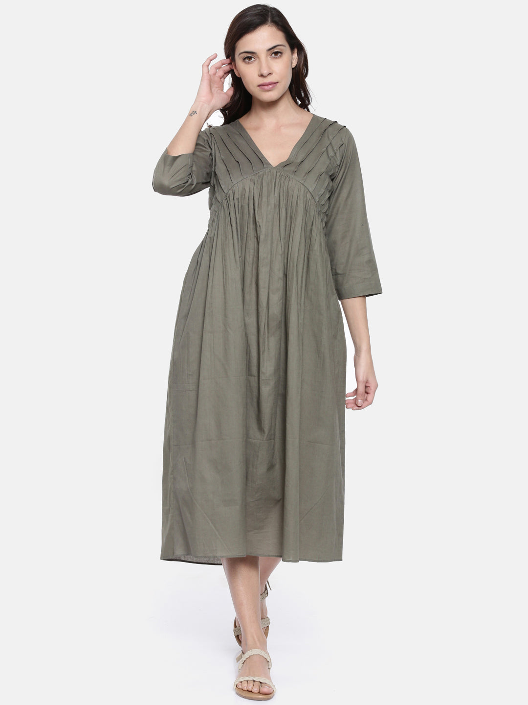 Grey Pleated Cotton Dress  - AS0207 - Asmi Shop