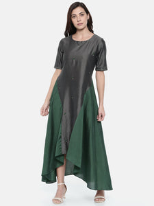 Grey Green Cotton Silk Dress  - AS0212 - Asmi Shop