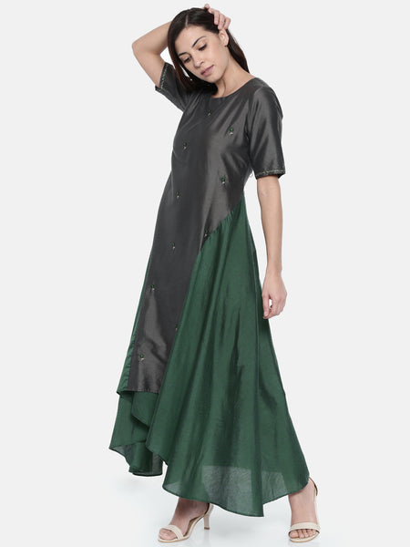 Grey Green Cotton Silk Dress  - AS0212 - Asmi Shop
