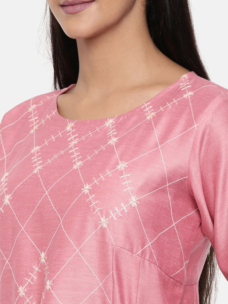Pink linen satin embroidered dress.  - AS0235 - Asmi Shop