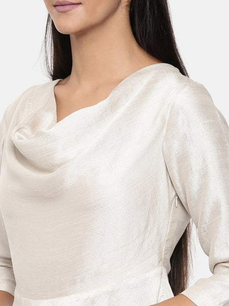 Silver beige, cotton silk high low cowl dress - AS0244 - Asmi Shop