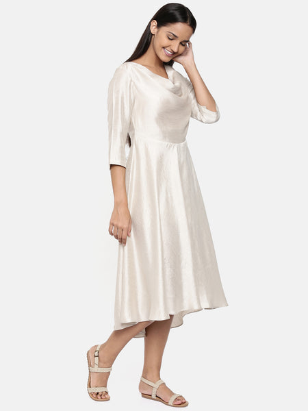 Silver beige, cotton silk high low cowl dress - AS0244 - Asmi Shop