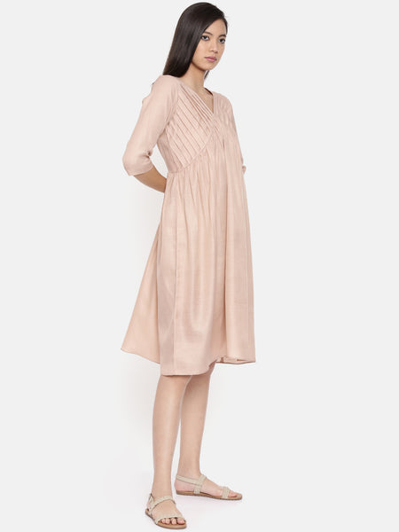 Knee length mauve dress with pleated yoke - AS0248 - Asmi Shop