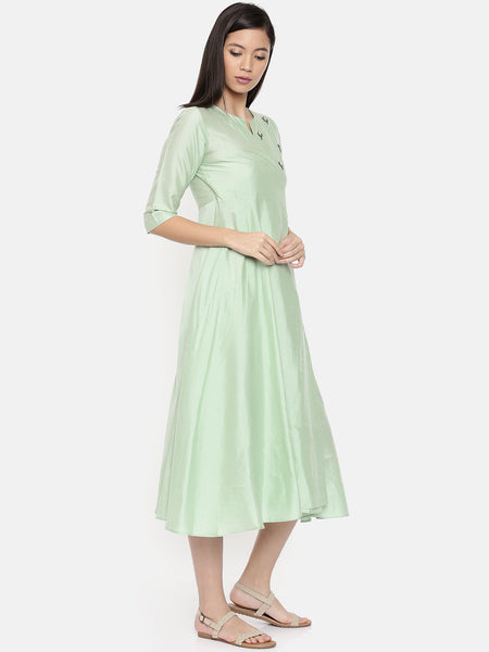 Mid-calf length mint green wrap around dress with embroidery - AS0252 - Asmi Shop