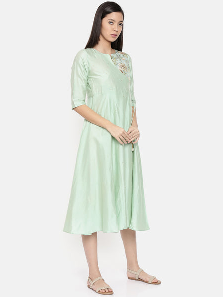 Mid-calf length, mint green wrap around dress with printed panel and light embroidery - AS0254 - Asmi Shop