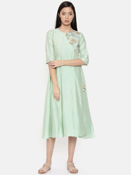 Mid-calf length, mint green wrap around dress with printed panel and light embroidery - AS0254 - Asmi Shop